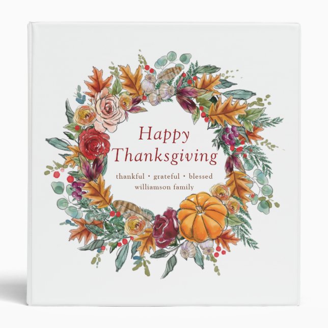 Happy Thanksgiving Watercolor Fall Pumpkin Wreath 3 Ring Binder (Front)