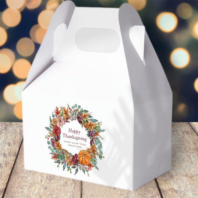 Happy Thanksgiving Watercolor Fall Pumpkin Wreath Favor Boxes (Creator Uploaded)