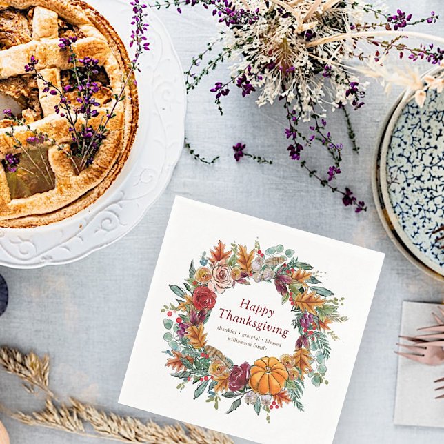 Happy Thanksgiving Watercolor Fall Pumpkin Wreath Napkins (Creator Uploaded)