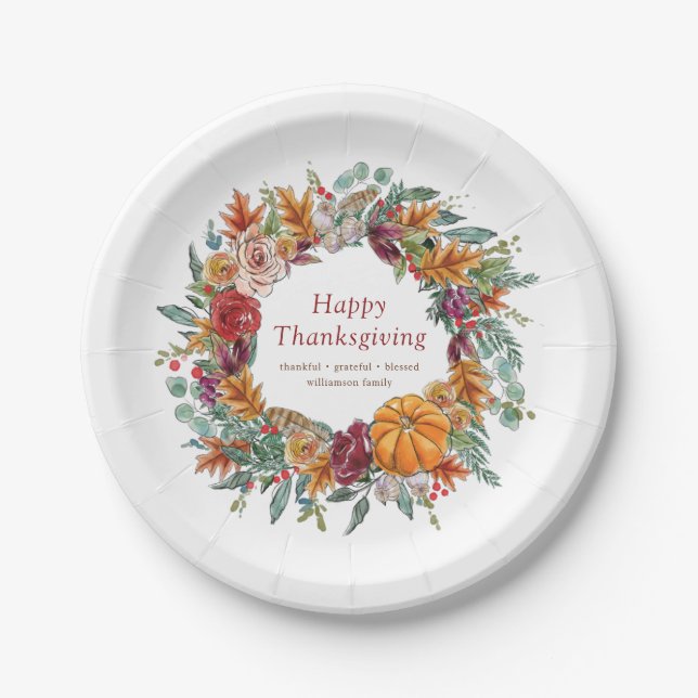 Happy Thanksgiving Watercolor Fall Pumpkin Wreath Paper Plates (Front)