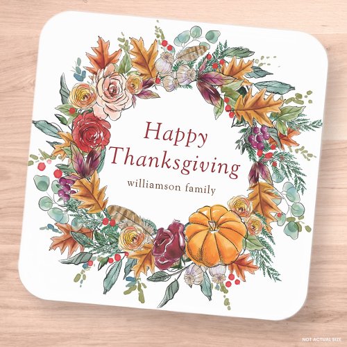 Happy Thanksgiving Watercolor Fall Pumpkin Wreath Square Sticker