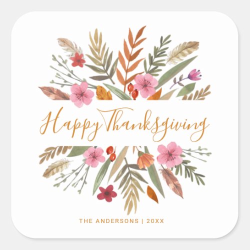 HAPPY THANKSGIVING WATERCOLOR FESTIVE FALL FOLIAGE SQUARE STICKER