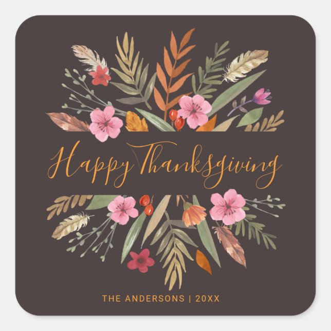 HAPPY THANKSGIVING WATERCOLOR FESTIVE FALL FOLIAGE SQUARE STICKER (Front)