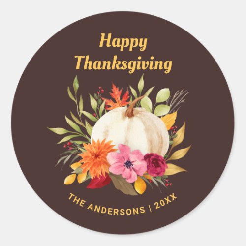 HAPPY THANKSGIVING WATERCOLOR FLORAL PUMPKIN CLASSIC ROUND STICKER