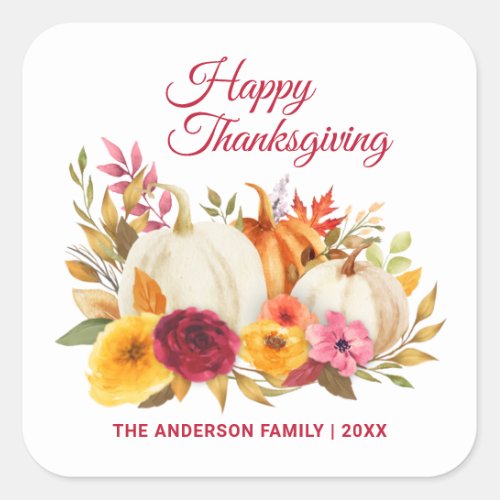 HAPPY THANKSGIVING WATERCOLOR FLORAL PUMPKIN PATCH SQUARE STICKER