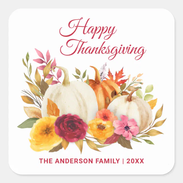 HAPPY THANKSGIVING WATERCOLOR FLORAL PUMPKIN PATCH SQUARE STICKER | Zazzle