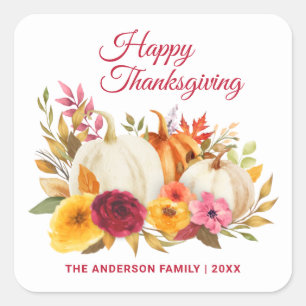 HAPPY THANKSGIVING WATERCOLOR FLORAL PUMPKIN PATCH SQUARE STICKER