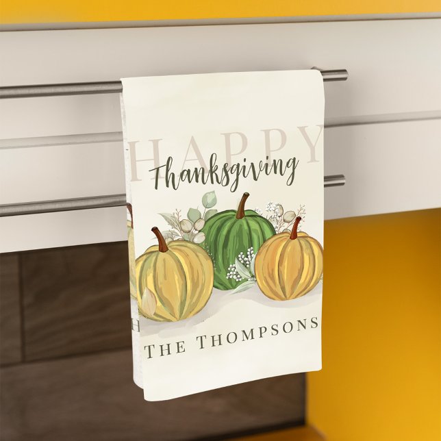 Happy Thanksgiving Watercolor Gourds Hand Towel (Happy Thanksgiving with watercolor gourds, personalized kitchen towel.)