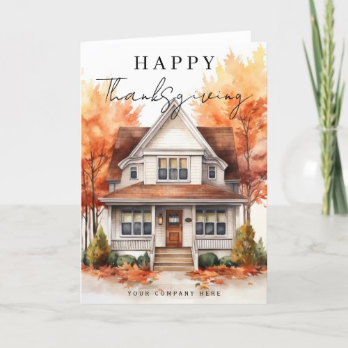 Happy Thanksgiving Watercolor House Real Estate Holiday Card