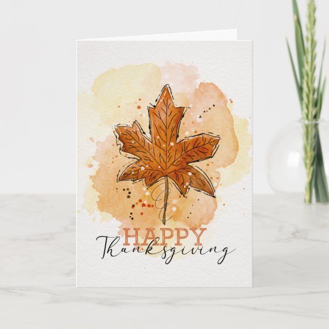 Happy Thanksgiving Watercolor Maple Leaf Card (Front)