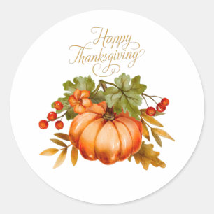 Happy Thanksgiving Watercolor Pumpkin and Berries  Classic Round Sticker