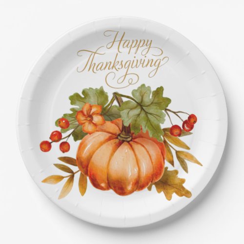 Happy Thanksgiving Watercolor Pumpkin and Berries  Paper Plates