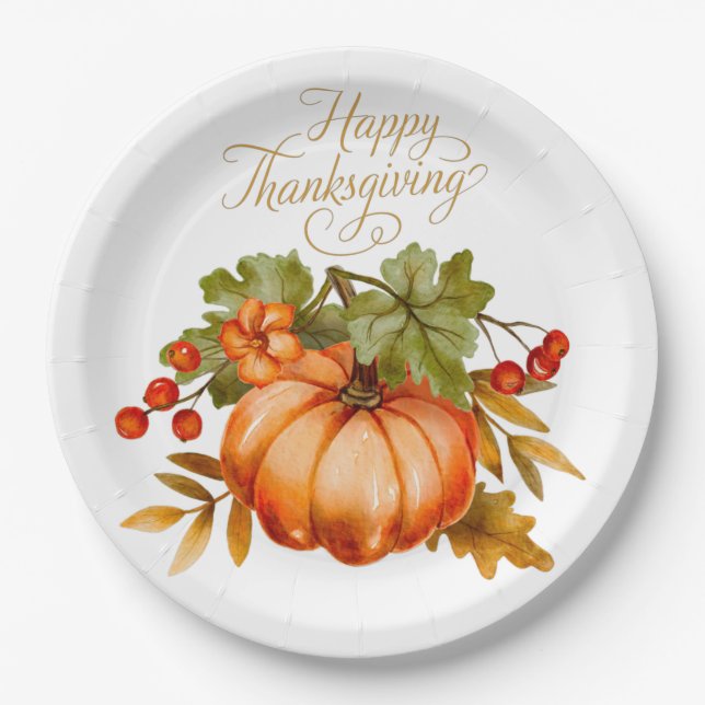 Happy Thanksgiving Watercolor Pumpkin and Berries  Paper Plates (Front)