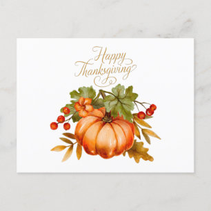 Happy Thanksgiving Watercolor Pumpkin and Berries  Postcard