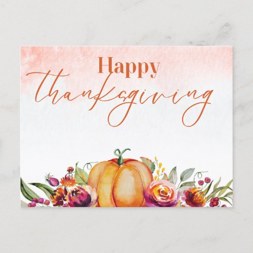 Happy Thanksgiving Watercolor Pumpkin and Flowers  Holiday Postcard