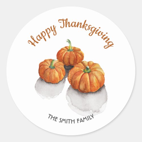 Happy Thanksgiving Watercolor Pumpkin Favor  Classic Round Sticker