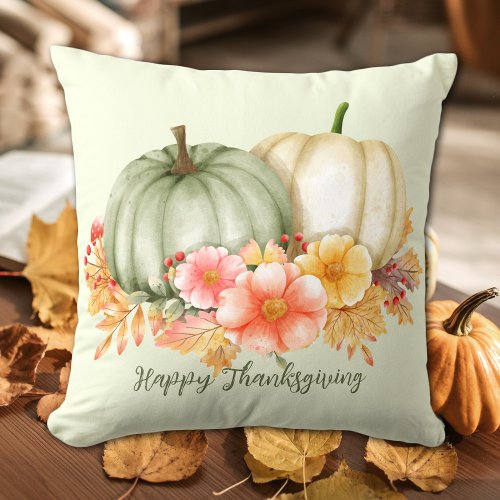 Happy Thanksgiving watercolor pumpkin floral green Throw Pillow