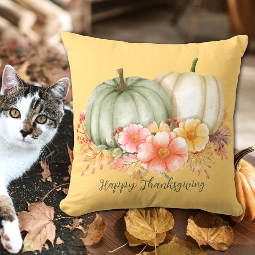Happy Thanksgiving watercolor pumpkin floral  Throw Pillow