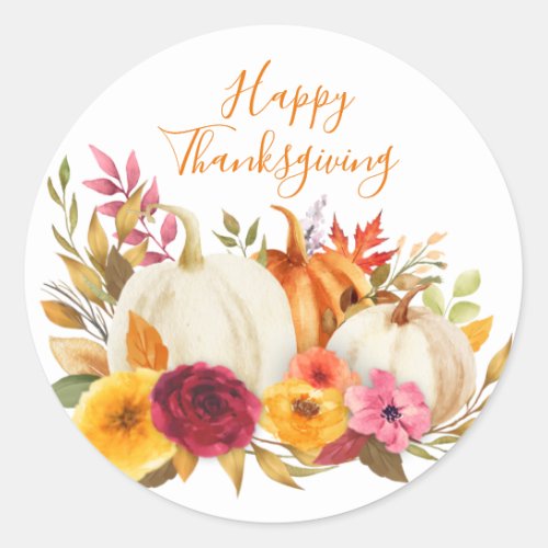 HAPPY THANKSGIVING WATERCOLOR PUMPKIN GARDEN CLASSIC ROUND STICKER