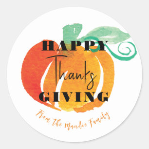 Happy Thanksgiving Watercolor Pumpkin Hand Painted Classic Round Sticker