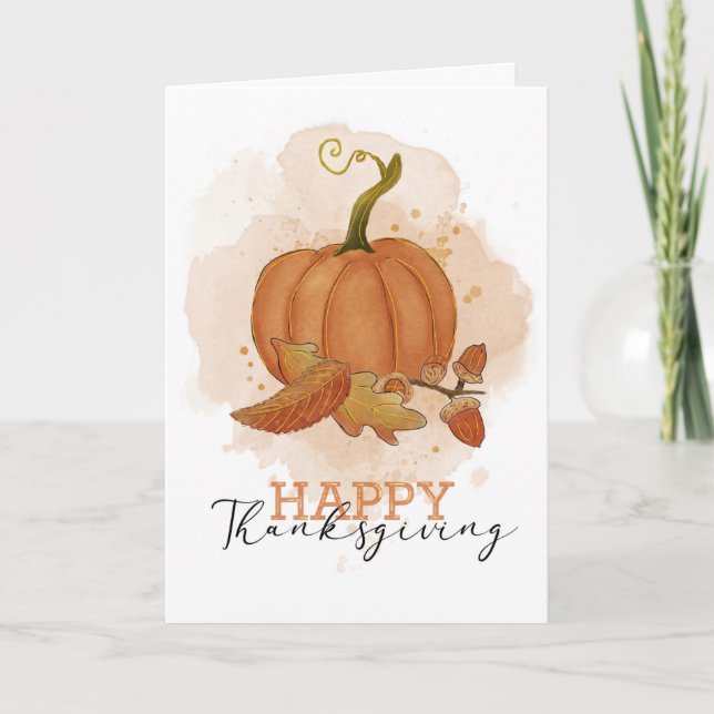 Happy Thanksgiving Watercolor Pumpkin Leaves Card (Front)