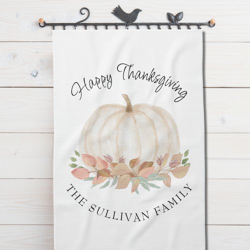 Happy Thanksgiving Watercolor Pumpkin Personalized Kitchen Towel