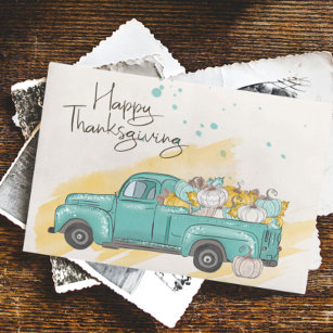 Happy Thanksgiving Watercolor Pumpkin Truck Postcard