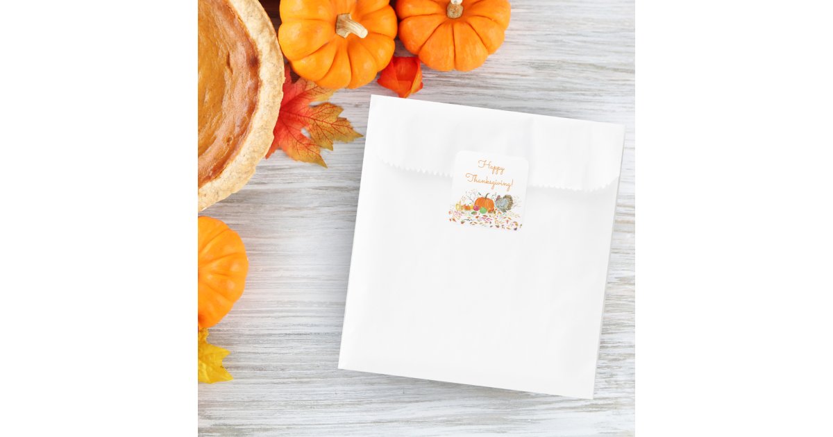 Happy Thanksgiving Watercolor Pumpkin & Turkey Square Sticker | Zazzle