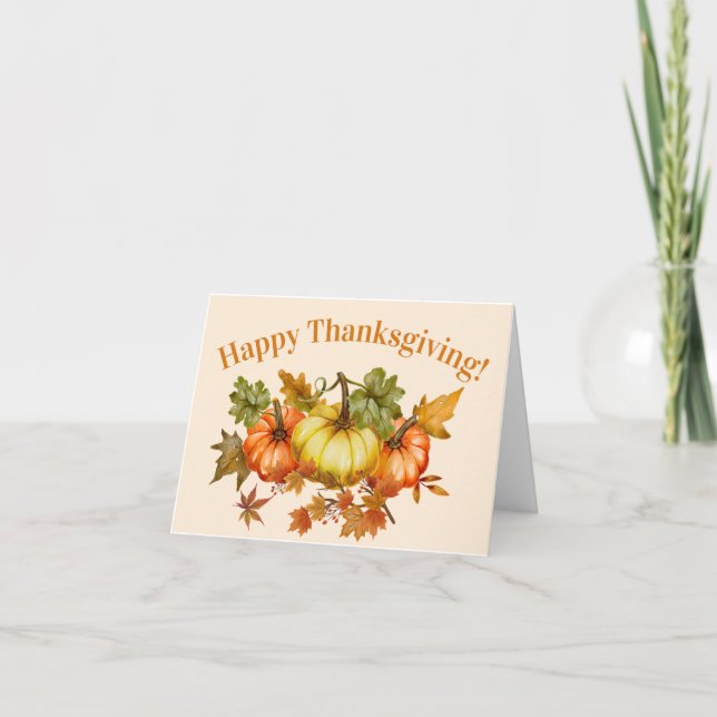 Happy Thanksgiving Watercolor Pumpkins and Leaves  Card (Front)