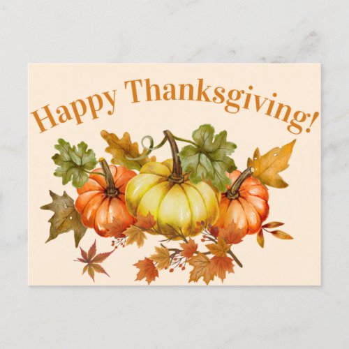 Happy Thanksgiving Watercolor Pumpkins and Leaves Holiday Postcard