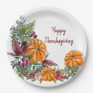 Happy Thanksgiving Watercolor Pumpkins Autumn Paper Plates