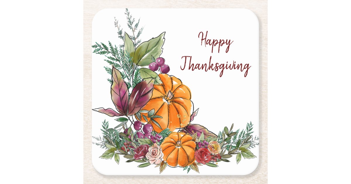 Happy Thanksgiving Watercolor Pumpkins Autumn Square Paper Coaster | Zazzle