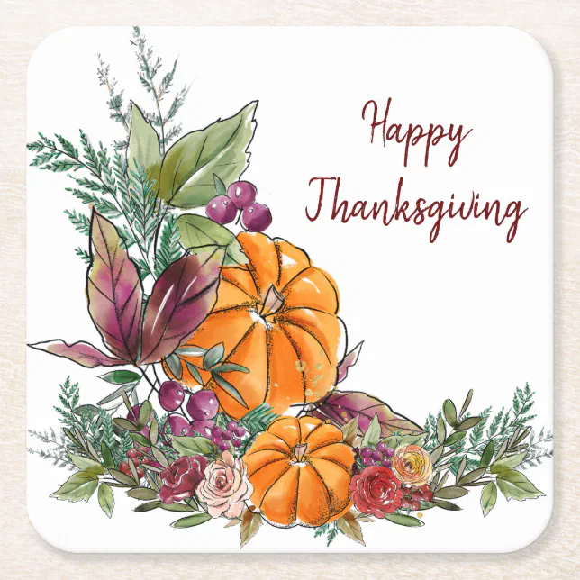 Happy Thanksgiving Watercolor Pumpkins Autumn Square Paper Coaster | Zazzle