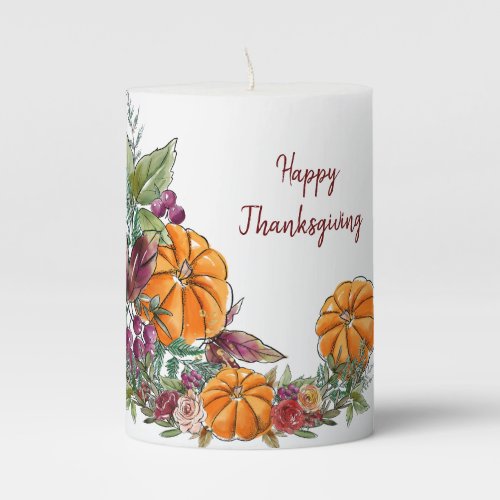 Happy Thanksgiving Watercolor Pumpkins Fall Pillar Candle
