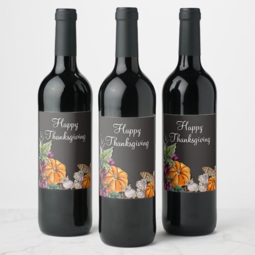 Happy Thanksgiving Watercolor Pumpkins Fall Wine Label