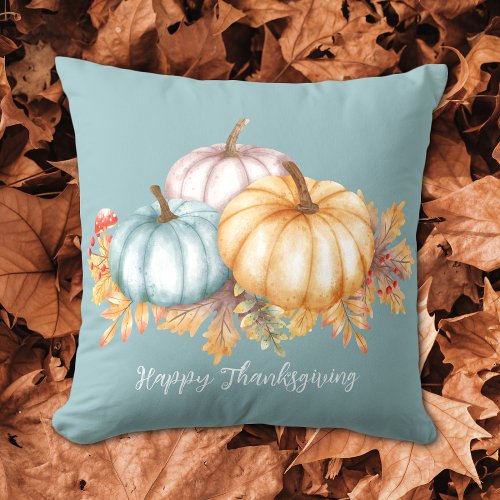 Happy Thanksgiving watercolor pumpkins floral blue Throw Pillow