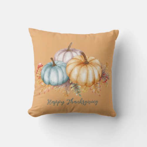 Happy Thanksgiving watercolor pumpkins floral Throw Pillow
