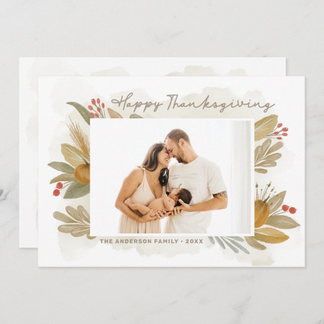 Happy Thanksgiving. Watercolor rustic botanical Invitation (Front/Back)