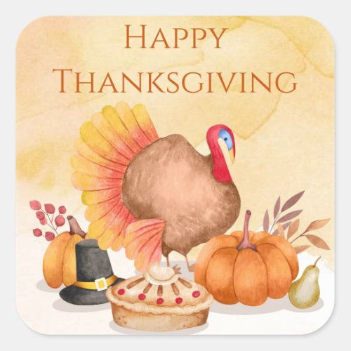 Happy thanksgiving watercolor turkey pumpkins square sticker