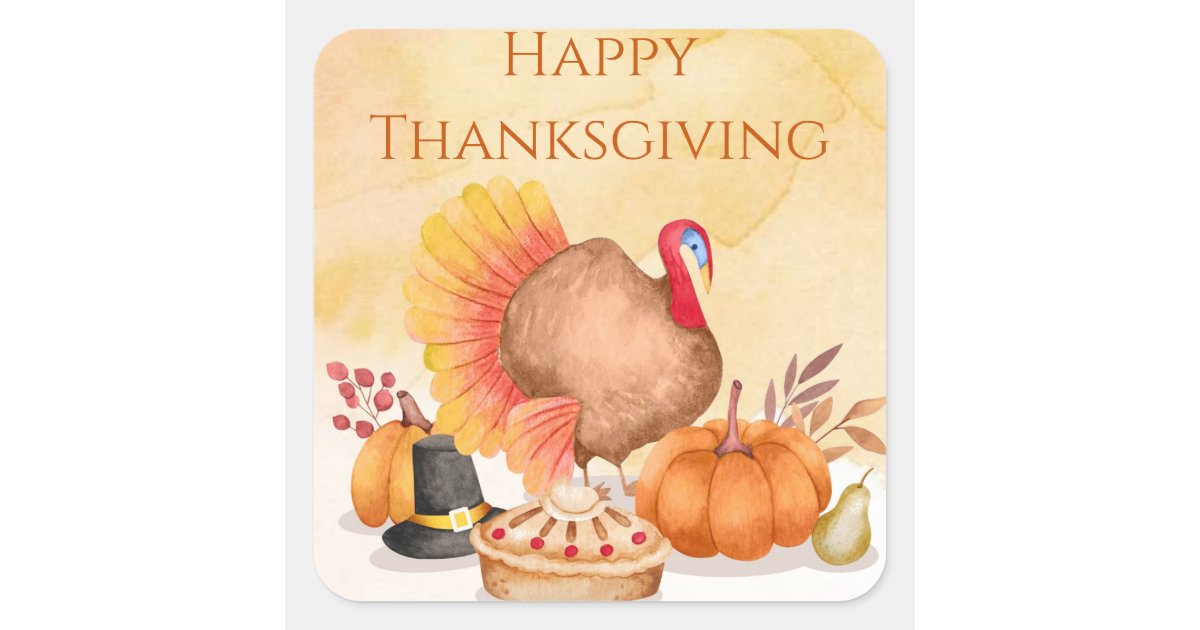 Happy thanksgiving watercolor turkey pumpkins square sticker | Zazzle