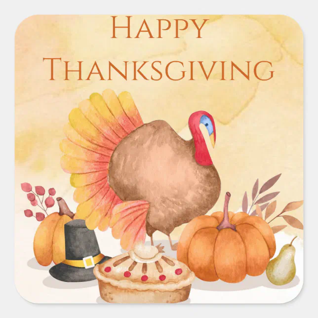 Happy thanksgiving watercolor turkey pumpkins square sticker | Zazzle