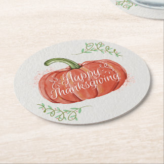 Happy Thanksgiving - WC Pumpkin with Word Art Round Paper Coaster