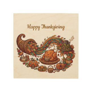 Happy Thanksgiving Whimsical Harvest Wood Wall Art