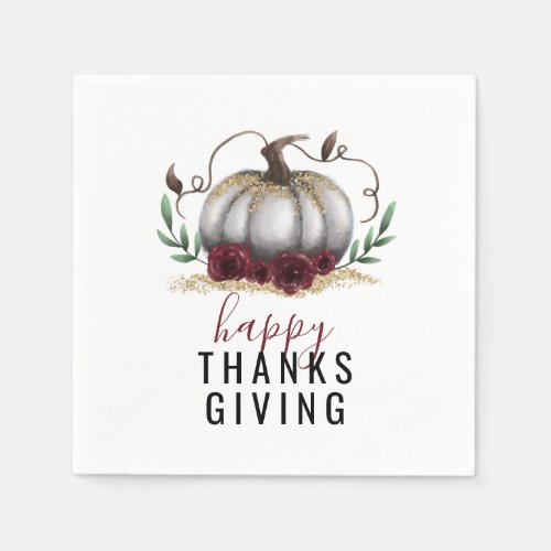 Happy Thanksgiving White Gold Pumpkin Napkins