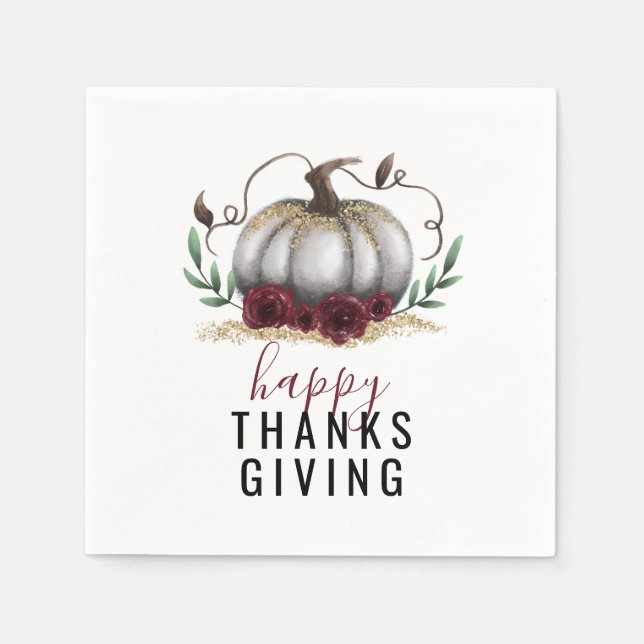 Happy Thanksgiving White Gold Pumpkin Napkins (Front)
