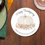 Happy Thanksgiving White Pumpkin Round Paper Coaster<br><div class="desc">This Happy Thanksgiving paper coaster features a watercolor white pumpkin and fall foliage with stylish script typography.
Easily customizable.
Original Watercolor © Michele Davies.</div>