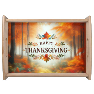 Happy Thanksgiving with Autumn Foliage Serving Tray