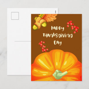 Happy Thanksgiving with Cute Pumpkin and Pine Hol Holiday Postcard