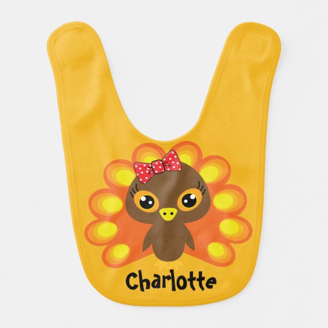 🦃 Happy Thanksgiving with cute turkey yellow Baby Bib (Front)
