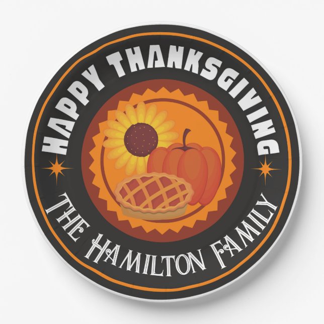 Happy Thanksgiving with family name (editable) Paper Plates (Front)